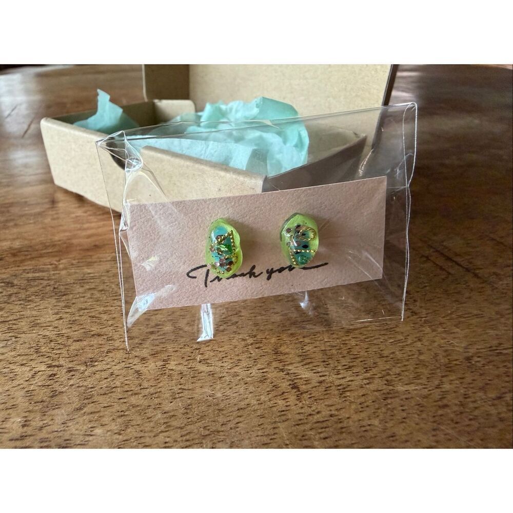 Brand New Resin Stud Earrings OS Green Blue Gold Inlay Made in Japan NWT